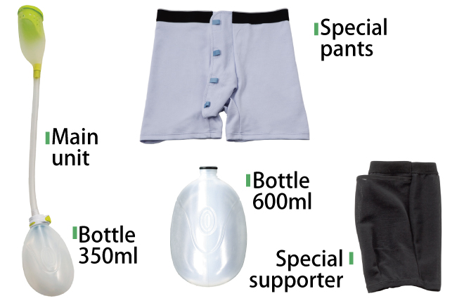 -Main unit<br />
-Bottle 350ml, 600ml<br />
-Special pants<br />
-Special supporter